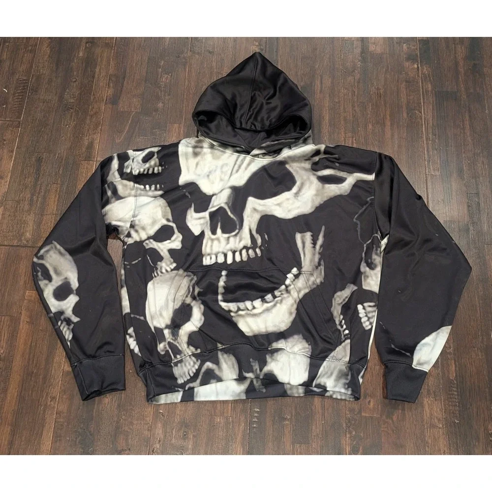 Winner AOP Monochrome Skull‎ Hoodie Mens Large Black Pullover Streetwear Scuba